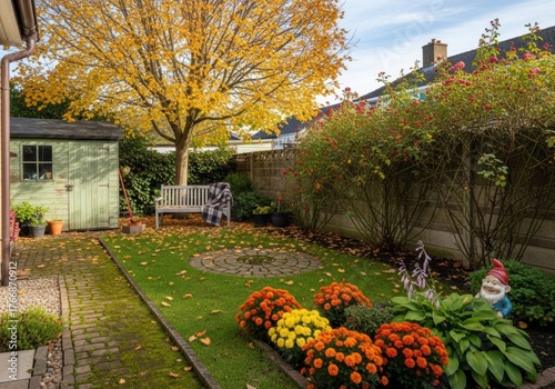 Photo of a backyard of a townhouse on a sunny autumn day in a soft sunset light