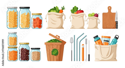 Collection of eco-friendly food storage containers, reusable bags, and zero-waste kitchen tools.