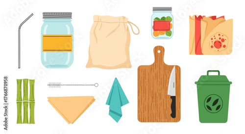 A collection of reusable and eco-friendly items for a sustainable lifestyle, including a metal straw, jars, cloth bags, and a compost bin.
