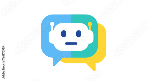 A modern flat design icon of a chatbot with a robot head inside speech bubbles.