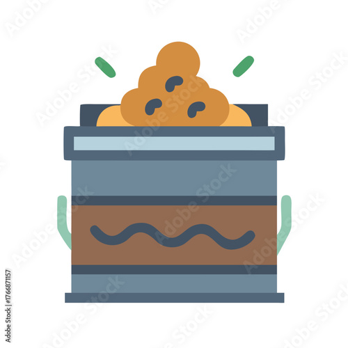 A stylized bucket with soil and plant sprouts ready for gardening activities