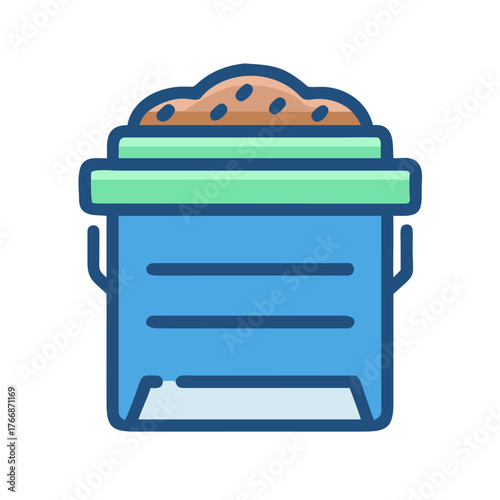 Stylized illustration of blue bucket with soil fill on black background