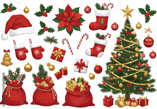 Christmas decoration illustration set, festive holiday vector collection, seasonal ornament artwork, gift stocking tree design, red gold flat cad drawing