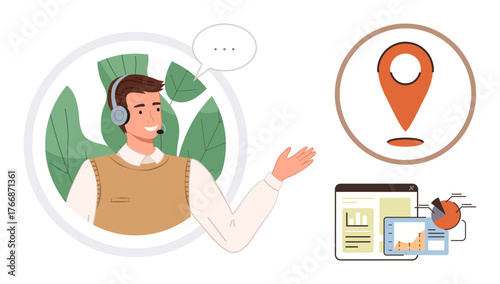 Smiling agent with headset gestures toward map pin icon and analytics charts. Ideal for customer service, data, technology, remote work, support, presentation, communication. Simple flat metaphor