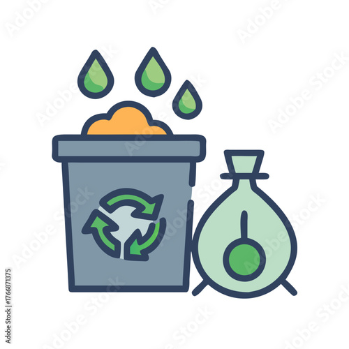 Conceptual illustration of recycling process with bin, bag, and water droplets