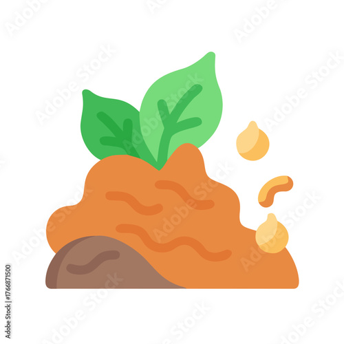 Flat icon depicting soil, sprouts, and seeds, promoting growth and gardening concepts