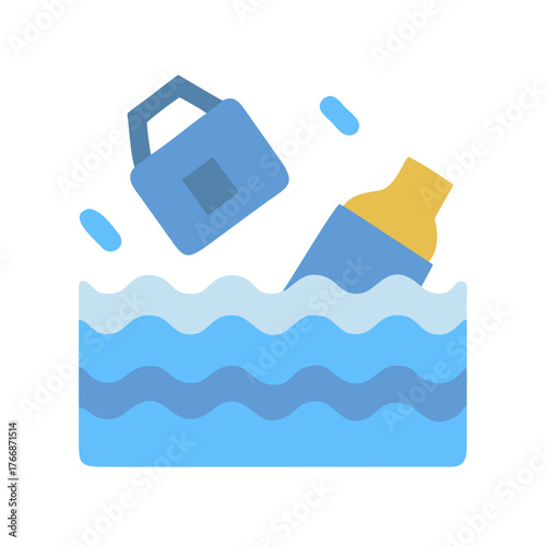 Simplified graphic of water pollution with floating trash and waves in blue tones