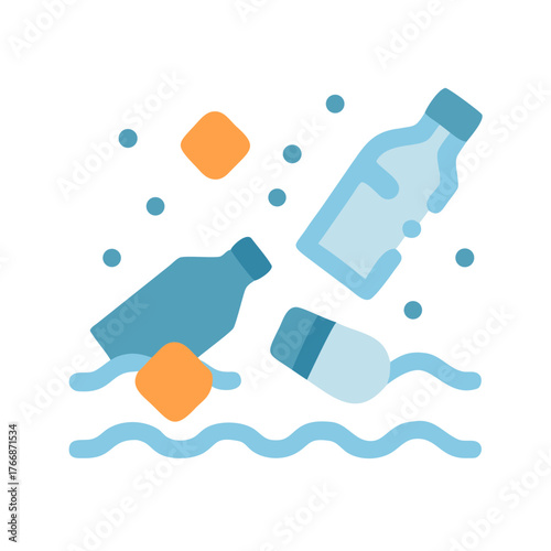Plastic pollution illustration: Bottles and waste floating in the ocean, environmental issue