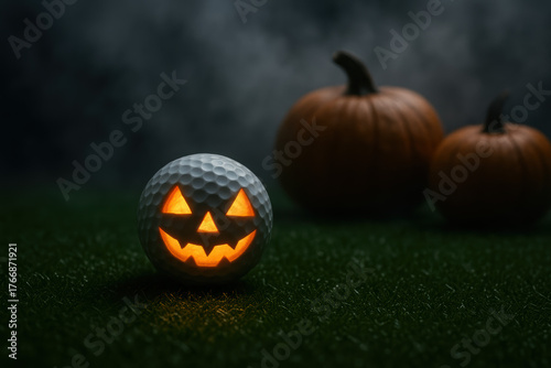 Concept sport Halloween celebration displays glowing jackolantern face on golf ball with pumpkin on artificial turf