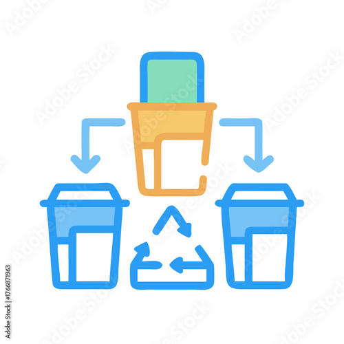 Vector graphic illustration of recycling process, separating materials into correct bins
