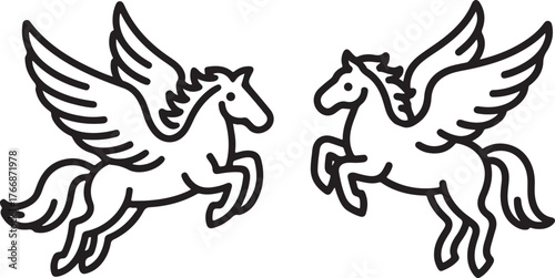 Two Stylized Winged Horses in Outline