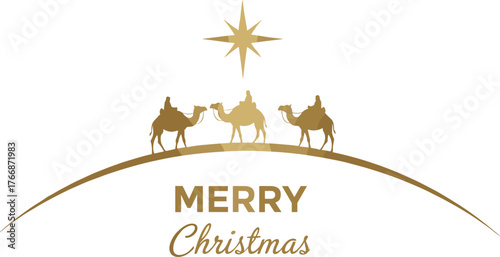 Christmas nativity illustration with three wise men, golden star Bethlehem, festive holiday design, religious silhouette artwork, decorative flat cad drawing