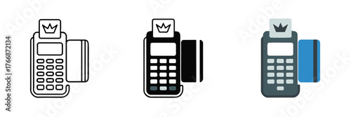 pos terminal set black white filled and full color illustrations card reader receipt printer payment device icons