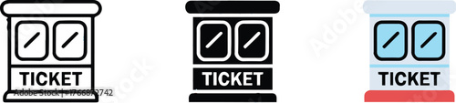minimal ticket booth icon set three variations flat and filled styles for events transport entertainment vector