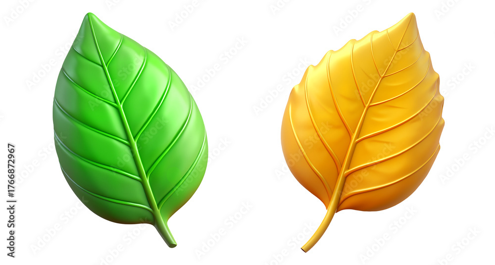 Obraz premium Green and yellow birch leaves in 3D icon style on a white background
