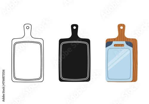 Cutting Boards Vector Set in Three Styles — Line Art, Silhouette and Color Version for Kitchen Design Elements