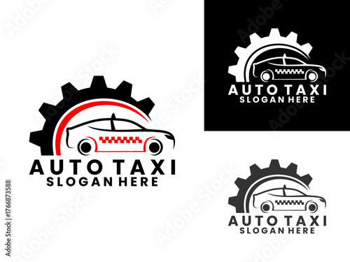 Fix Taxi logo design. Taxi car repair logo. Car taxi with gear illustration logo design vector template