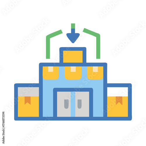 Stylized depot featuring shipping boxes and a delivery overhead system against black background