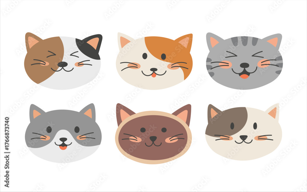 Obraz premium Cute Cat Face Illustration Set in Flat Cartoon Style