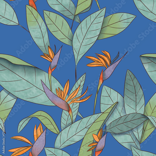 Digital seamless pattern with strelitzia flower and leaves motif; blue background