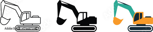 excavator vector pack line art silhouette and colorful realistic construction machinery icon set