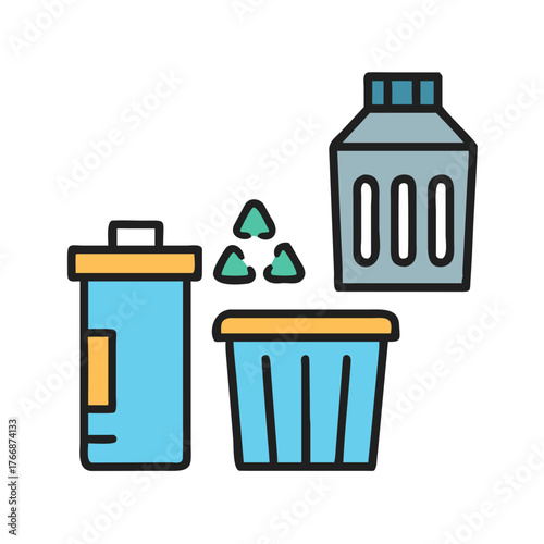 Colorful recycling bins and radioactive material against a black background illustration