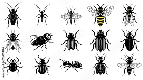 Insect Silhouette Collection — Black Bug Illustrations on White Background, Minimalist Vector Entomology Design
