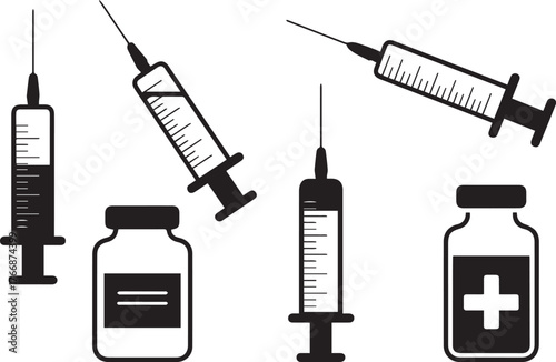 syringes and medicine vials vector collection healthcare injection icons monochrome