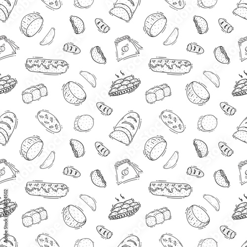 Hand Drawn Bread seamless pattern. Doodle Bakery pattern background