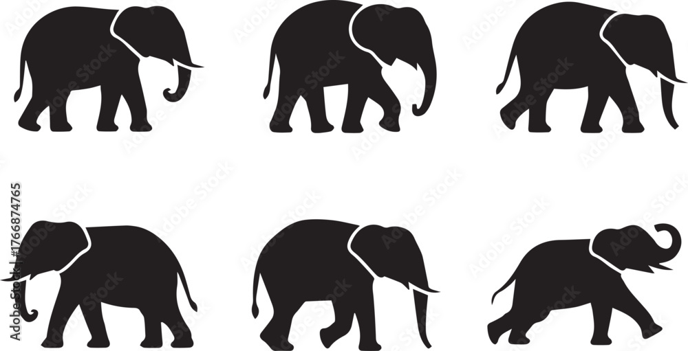 Obraz premium black elephant silhouettes collection vector set showing varied trunk and leg poses