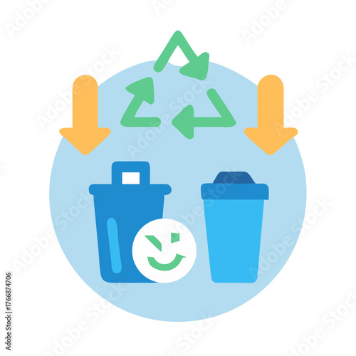 Recycle bin illustration with arrows pointing down, symbolizing sustainable waste disposal