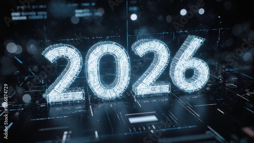Glowing Wireframe 2026 Within Futuristic AI Interface on Dark Digital Grid Tech Innovation Background
