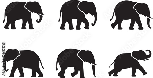 black elephant silhouettes collection vector set showing varied trunk and leg poses
