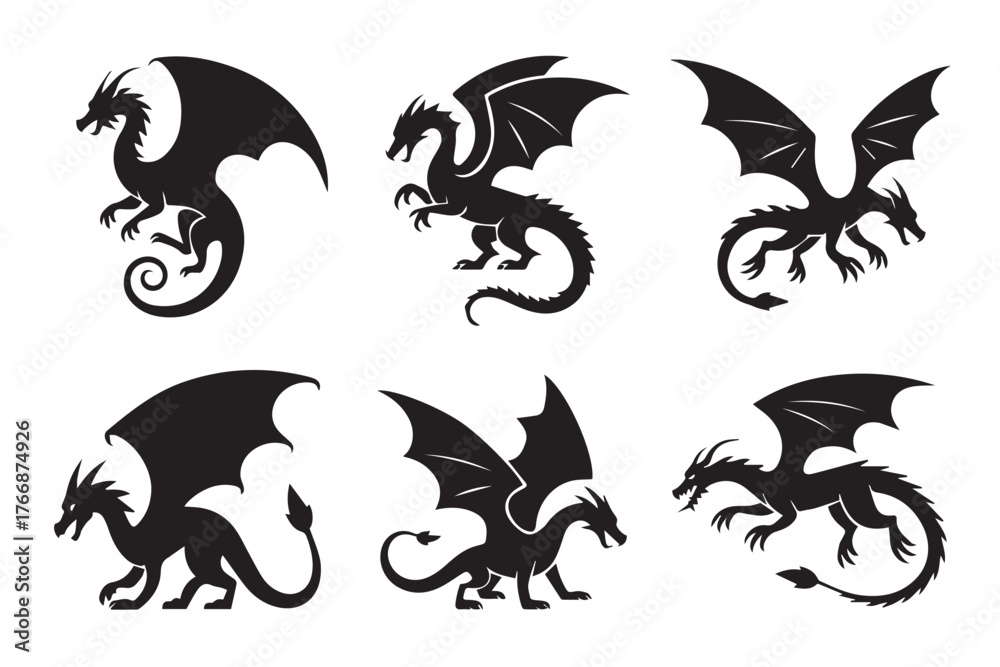 Naklejka premium six stylized dragon silhouettes vector pack medieval fantasy beasts in diverse poses ideal for logo mascot stencil and ai eps jpeg png