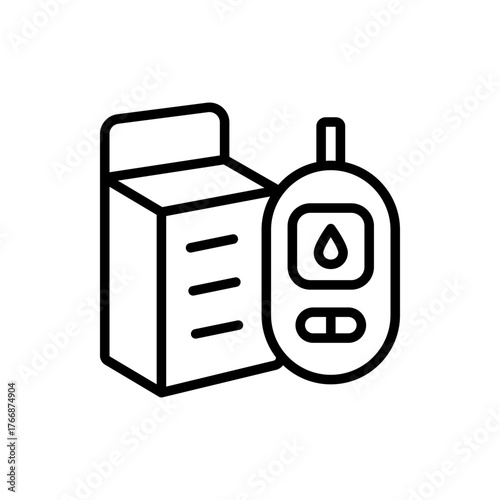 Blood glucose meter test outline icon. Testing strip diabetes. Glucose monitor, glucometer pharmacy, chronic, treatment vector symbol.