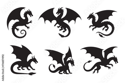black dragon silhouettes set winged fantasy creatures vector icons for branding ai eps png jpeg