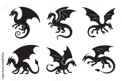 six stylized dragon silhouettes vector pack medieval fantasy beasts in diverse poses ideal for logo mascot stencil and ai eps jpeg png