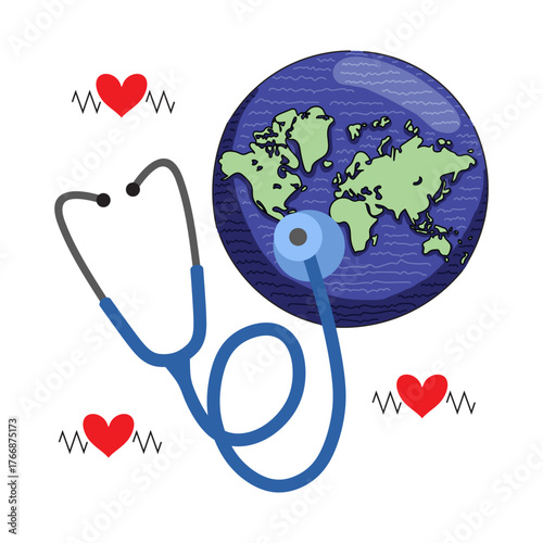 World health day concept, 7 April, background vector. Hand drawn comic doodle style of earth, heart, stethoscope. Design for web, banner, campaign, social media post.
