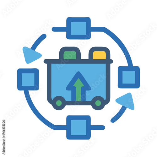 Blue data processing system with data flow and upgrade represented by arrow