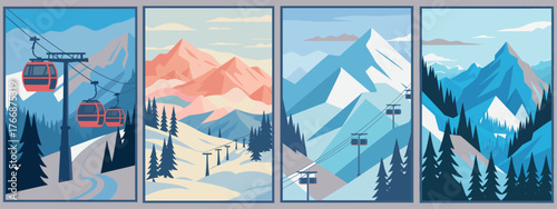 Ski Resort Vector. Winter Holiday Travel, Snowy Peaks, Ski Elevators, and Adventure Scene Posters