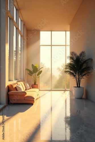 Sunlight streams through large windows in a modern, minimalist interior, illuminating dust motes dancing in the air The clean lines and bright space create a serene atmosphere , property, window