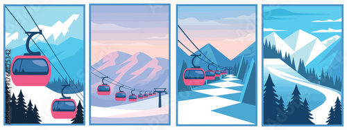 Ski Resort Landscape Poster. Snowy Mountains, Ski Lifts, and Winter Sports Adventure Vector Illustration