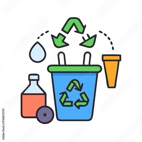 Recycling bin with arrows and different recyclable items on a black background