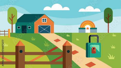 A fence system with an autolock feature preventing unauthorized entry and ensuring the safety of the farm and its inhabitants.. Vector illustration