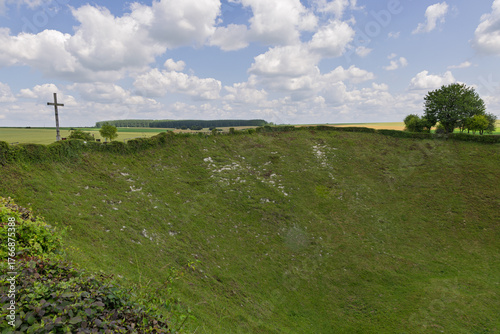 Landscape of Lochnagar crater memorial along the Somme river in France. Consequence of a British action starting the battle of Somme during WWI