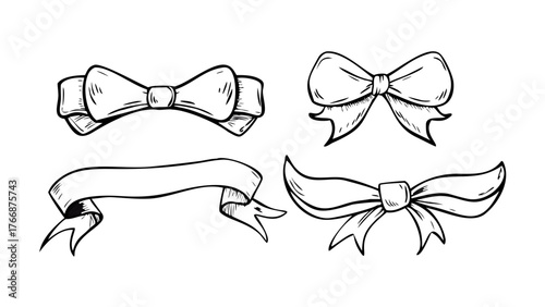 Hand drawn girly coquette bow ribbons set. Editable stroke line. Vector stock illustration isolated on white background for design template birthday, wedding, Christmas card, invitation, sale banner .