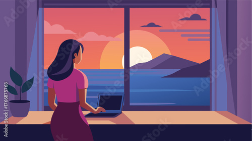 A woman stands at the windowsill of her bedroom gazing out at the breathtaking sunset over the Mediterranean. Her laptop is open on a small desk nearby but she takes a moment to. Vector illustration