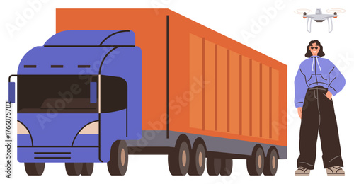 Orange truck with blue cab, quadcopter hovering, confident woman in casual wear. Ideal for themes thumbs up logistics, transportation, innovation, technology, automation, business future delivery