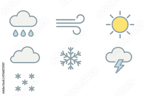 Minimalist set of six weather icons representing various atmospheric conditions and forecasts