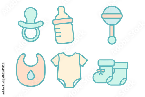 Collection of essential newborn baby care items and clothing icons in soft pastel colors